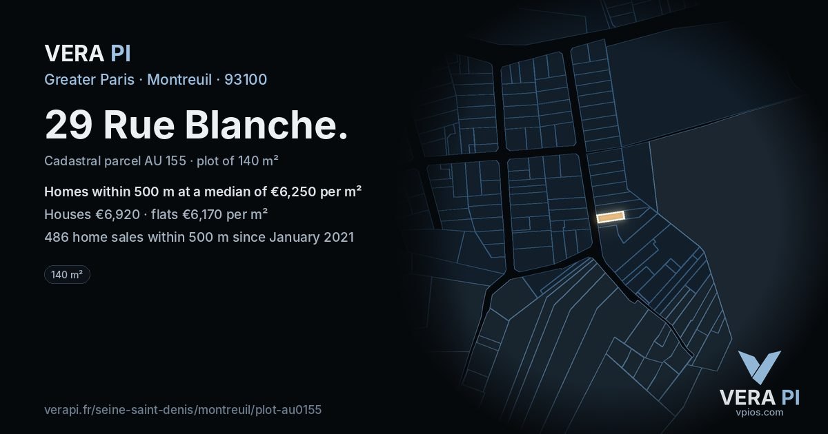 29 Rue Blanche, Montreuil at night – the plot lit, the parcels around coloured by the prices near them