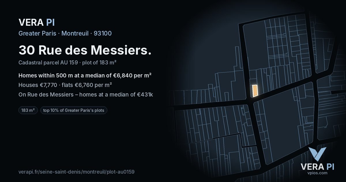 30 Rue des Messiers, Montreuil at night – the plot lit, the parcels around coloured by the prices near them