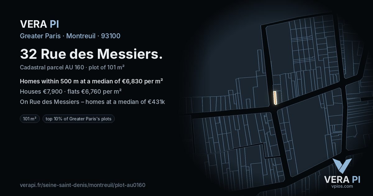 32 Rue des Messiers, Montreuil at night – the plot lit, the parcels around coloured by the prices near them