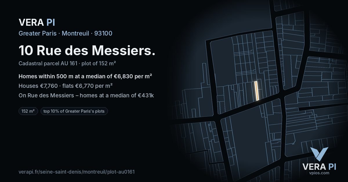 10 Rue des Messiers, Montreuil at night – the plot lit, the parcels around coloured by the prices near them