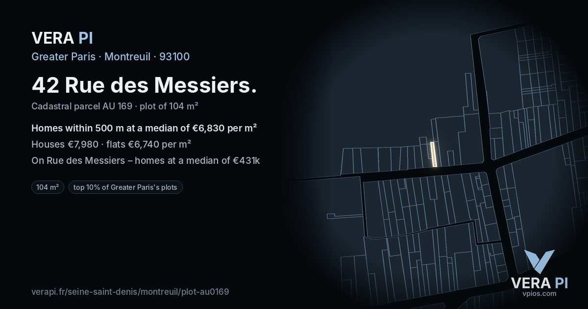 42 Rue des Messiers, Montreuil at night – the plot lit, the parcels around coloured by the prices near them