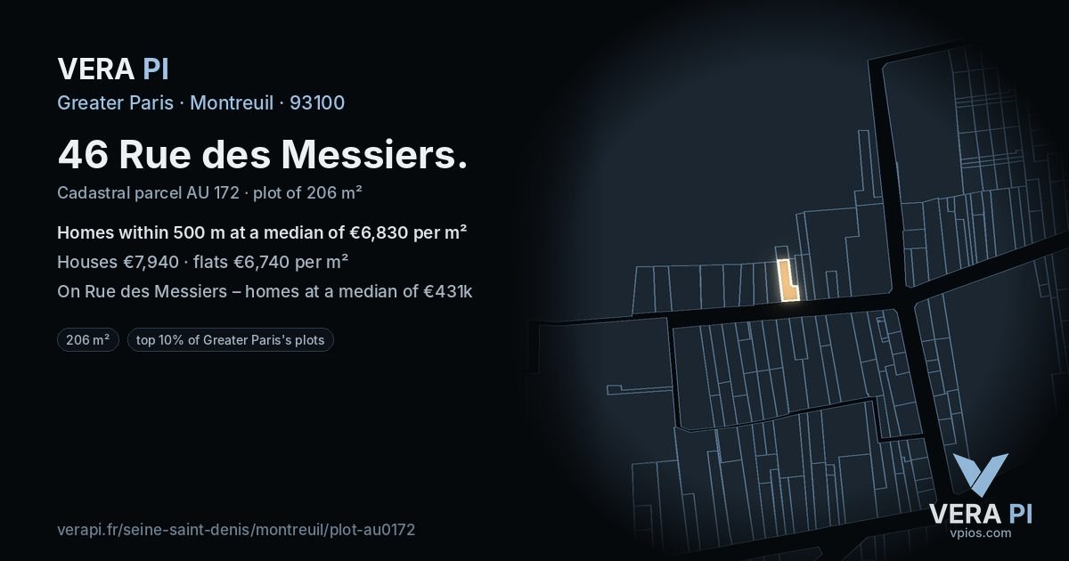 46 Rue des Messiers, Montreuil at night – the plot lit, the parcels around coloured by the prices near them