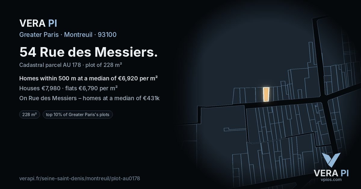 54 Rue des Messiers, Montreuil at night – the plot lit, the parcels around coloured by the prices near them