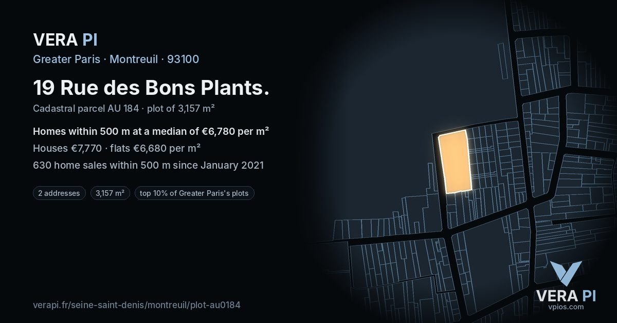 19 Rue des Bons Plants, Montreuil at night – the plot lit, the parcels around coloured by the prices near them