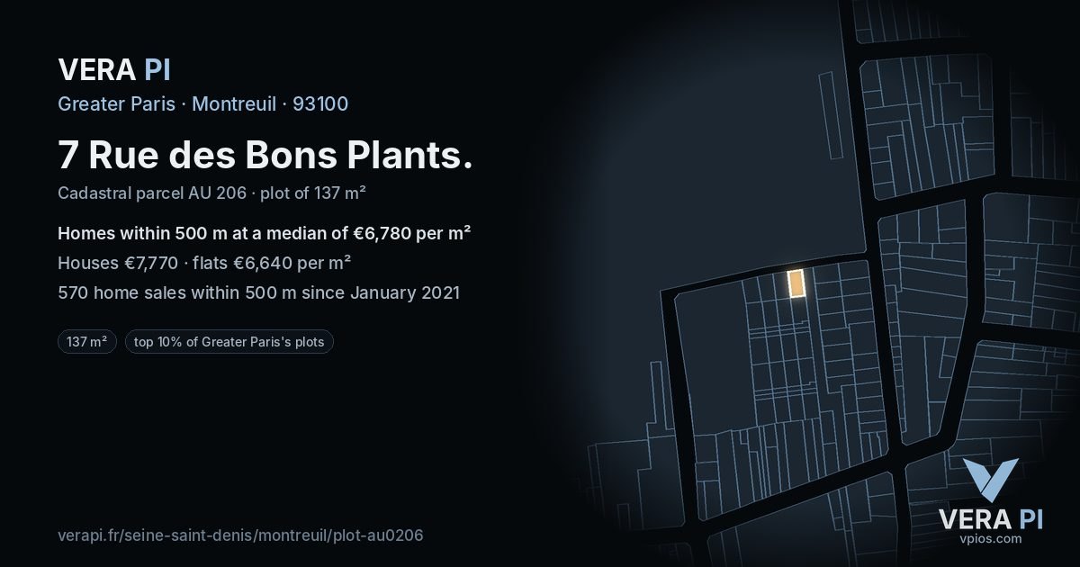 7 Rue des Bons Plants, Montreuil at night – the plot lit, the parcels around coloured by the prices near them