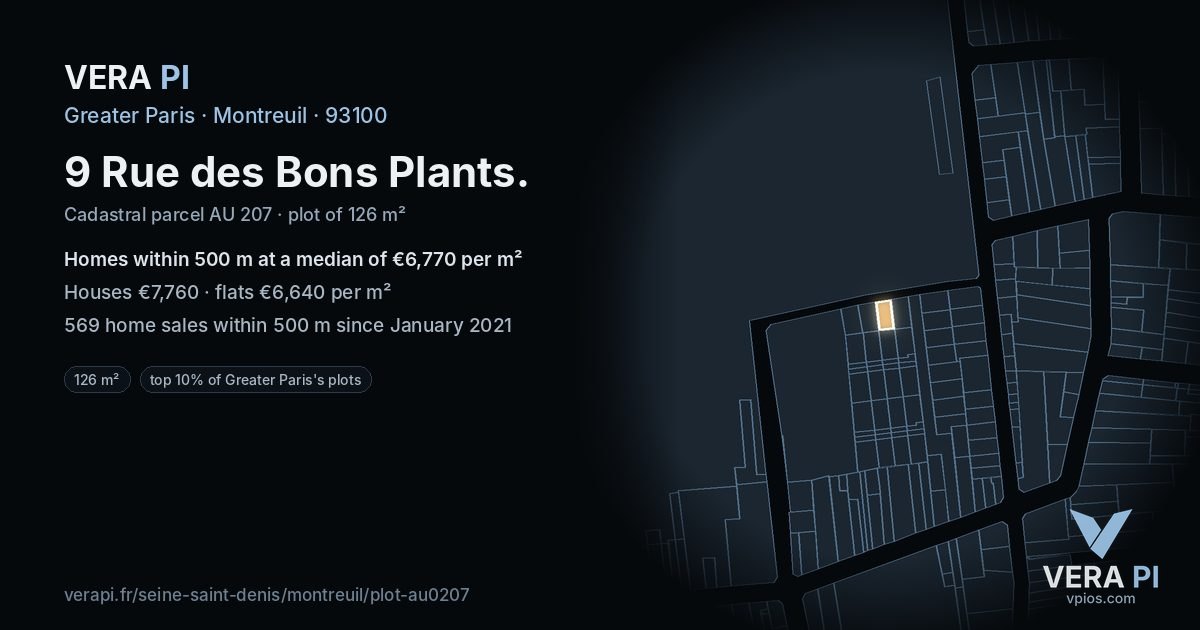 9 Rue des Bons Plants, Montreuil at night – the plot lit, the parcels around coloured by the prices near them