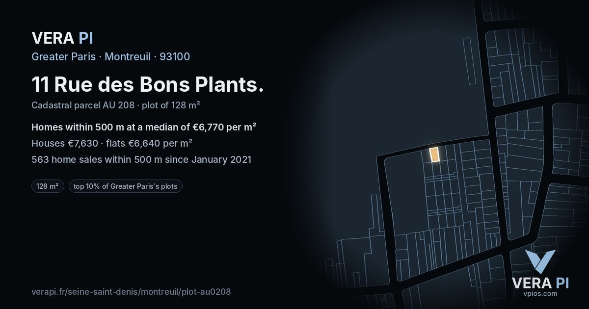 11 Rue des Bons Plants, Montreuil at night – the plot lit, the parcels around coloured by the prices near them