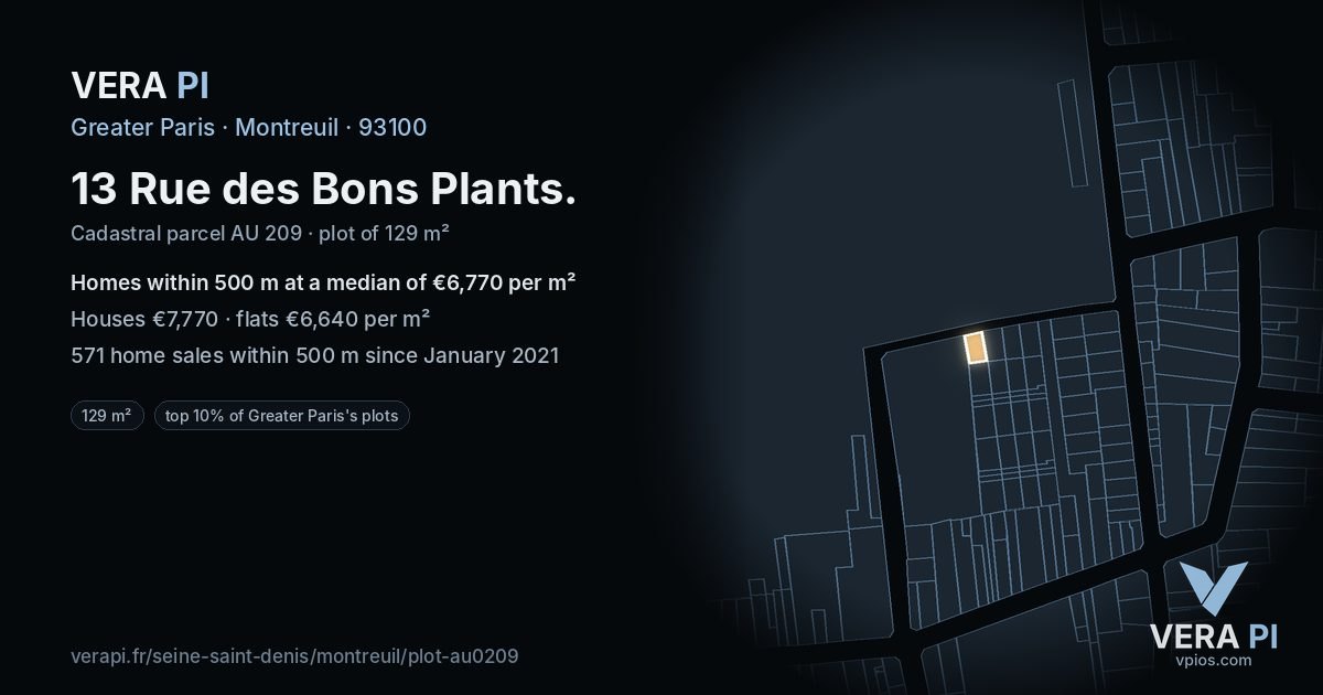 13 Rue des Bons Plants, Montreuil at night – the plot lit, the parcels around coloured by the prices near them