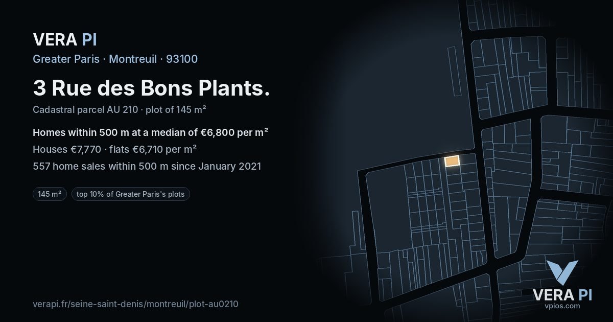 3 Rue des Bons Plants, Montreuil at night – the plot lit, the parcels around coloured by the prices near them