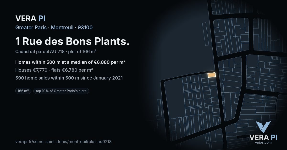 1 Rue des Bons Plants, Montreuil at night – the plot lit, the parcels around coloured by the prices near them