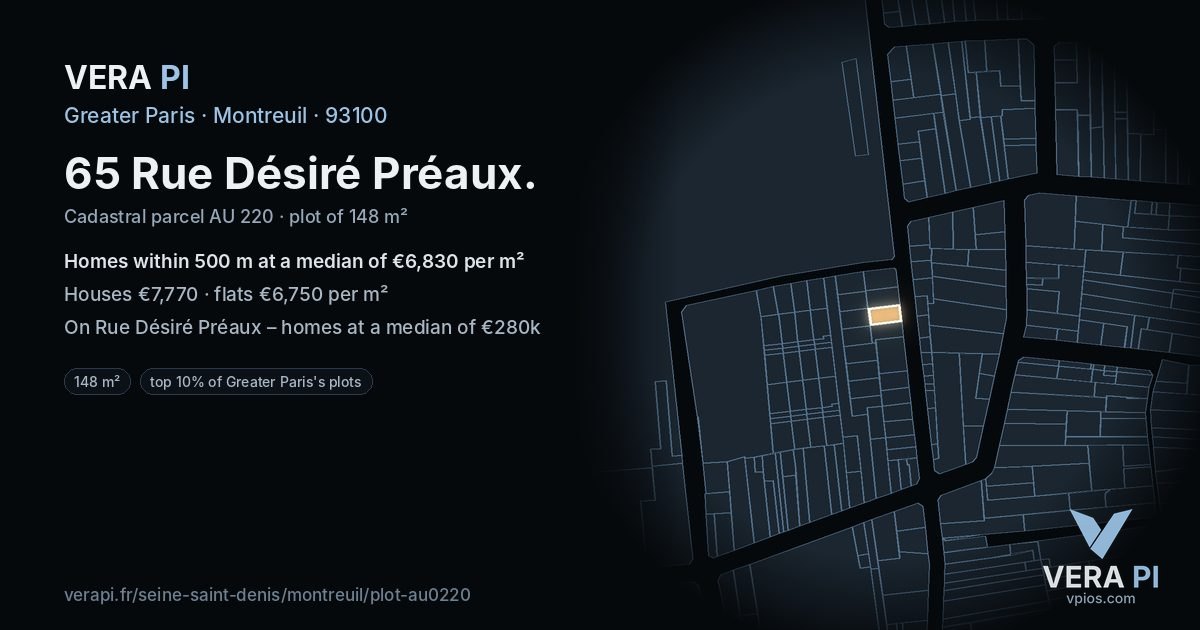 65 Rue Désiré Préaux, Montreuil at night – the plot lit, the parcels around coloured by the prices near them