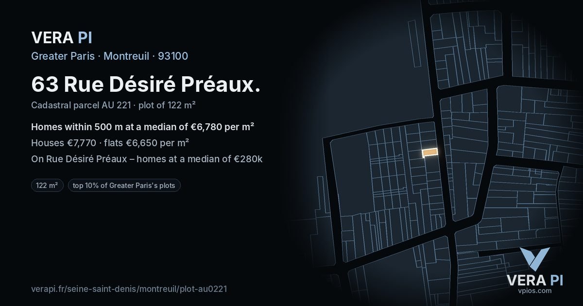 63 Rue Désiré Préaux, Montreuil at night – the plot lit, the parcels around coloured by the prices near them