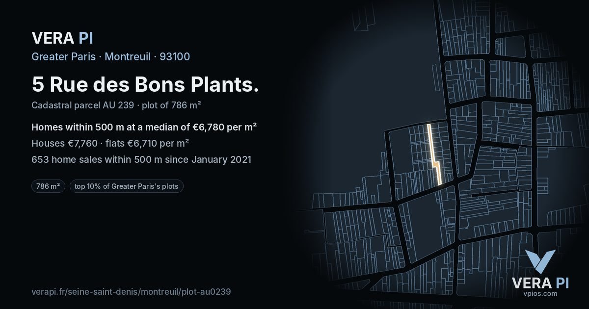 5 Rue des Bons Plants, Montreuil at night – the plot lit, the parcels around coloured by the prices near them