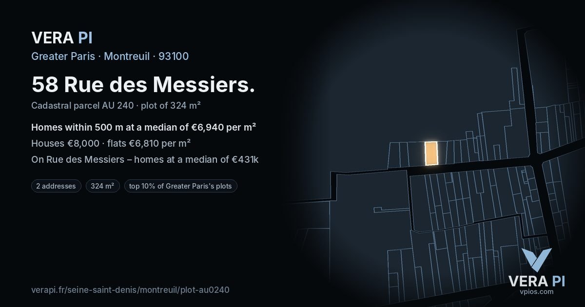 58 Rue des Messiers, Montreuil at night – the plot lit, the parcels around coloured by the prices near them