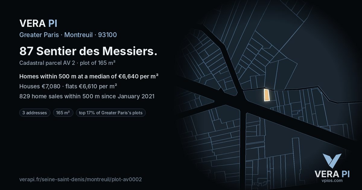 87 Sentier des Messiers, Montreuil at night – the plot lit, the parcels around coloured by the prices near them