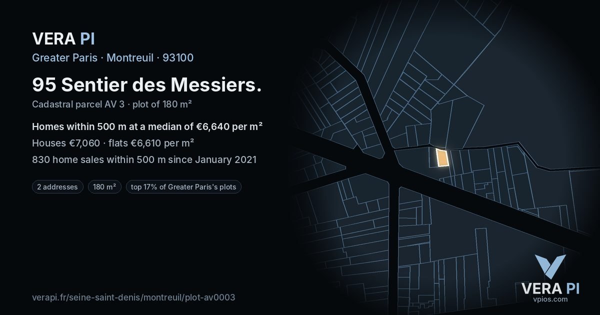 95 Sentier des Messiers, Montreuil at night – the plot lit, the parcels around coloured by the prices near them