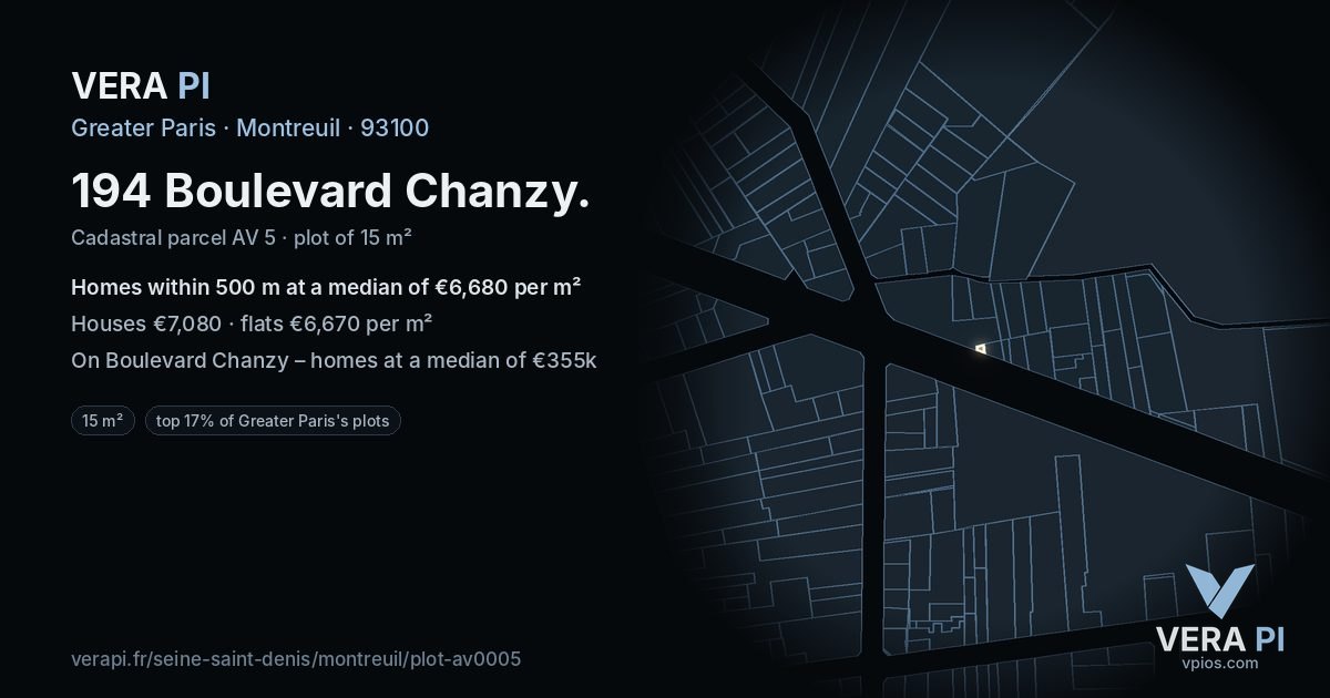 194 Boulevard Chanzy, Montreuil at night – the plot lit, the parcels around coloured by the prices near them