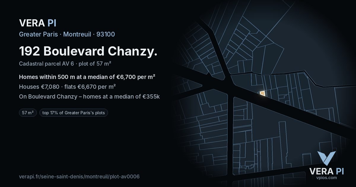192 Boulevard Chanzy, Montreuil at night – the plot lit, the parcels around coloured by the prices near them
