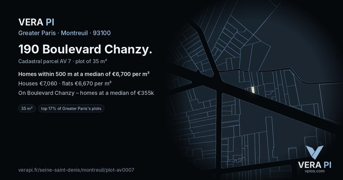 190 Boulevard Chanzy, Montreuil at night – the plot lit, the parcels around coloured by the prices near them