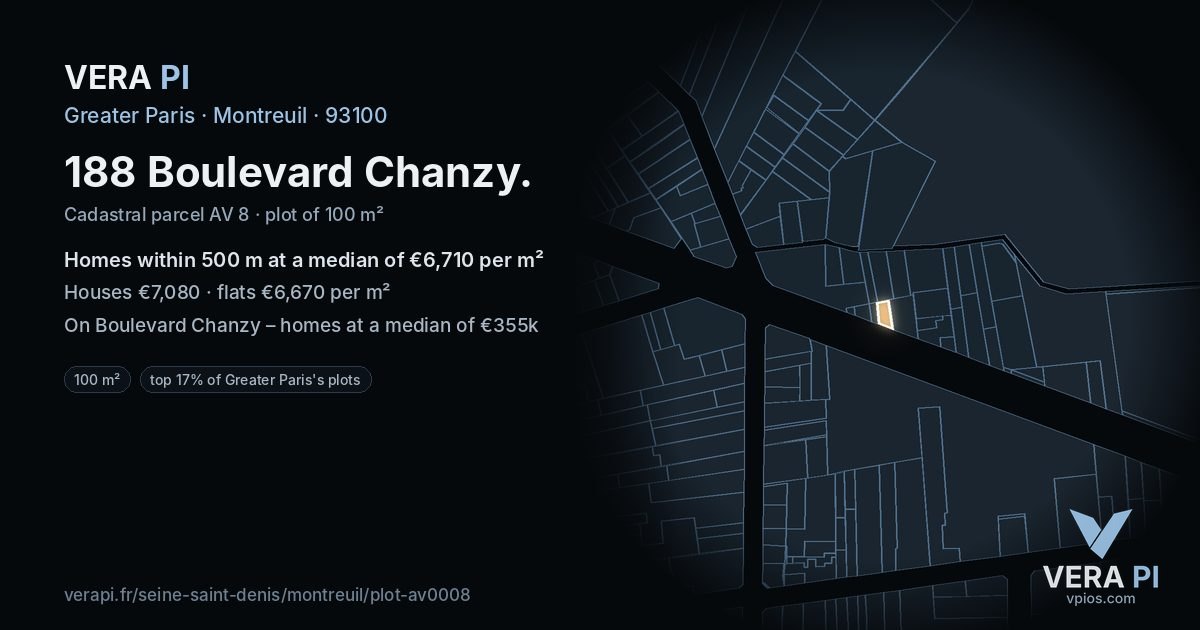 188 Boulevard Chanzy, Montreuil at night – the plot lit, the parcels around coloured by the prices near them