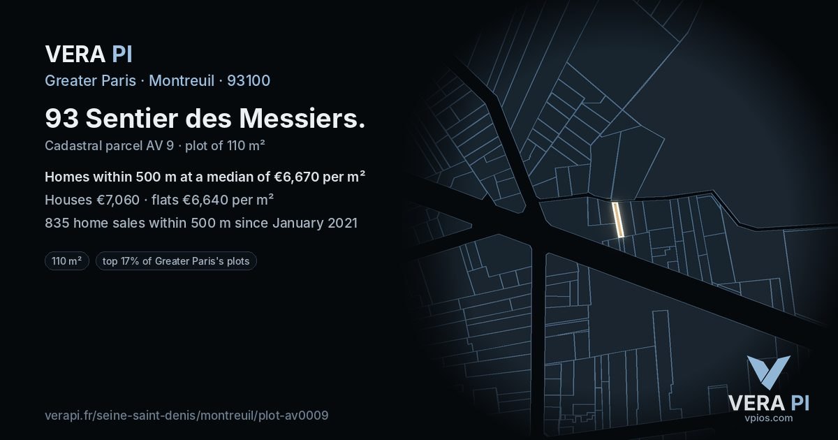 93 Sentier des Messiers, Montreuil at night – the plot lit, the parcels around coloured by the prices near them