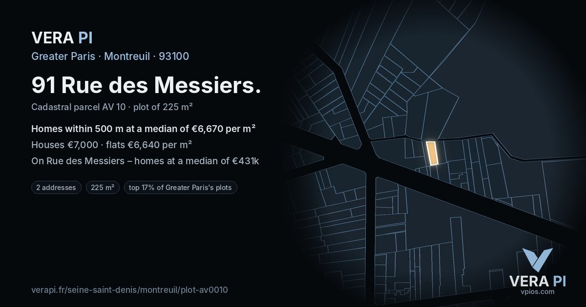 91 Rue des Messiers, Montreuil at night – the plot lit, the parcels around coloured by the prices near them