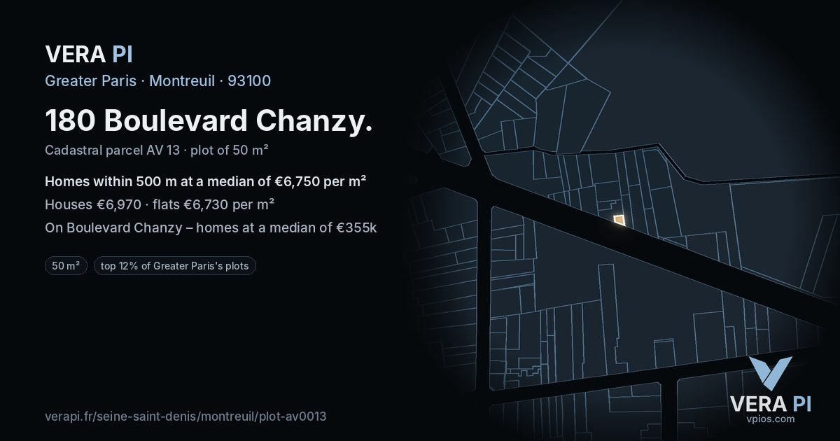 180 Boulevard Chanzy, Montreuil at night – the plot lit, the parcels around coloured by the prices near them