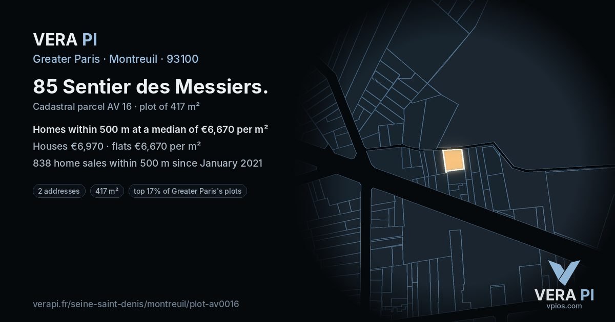 85 Sentier des Messiers, Montreuil at night – the plot lit, the parcels around coloured by the prices near them