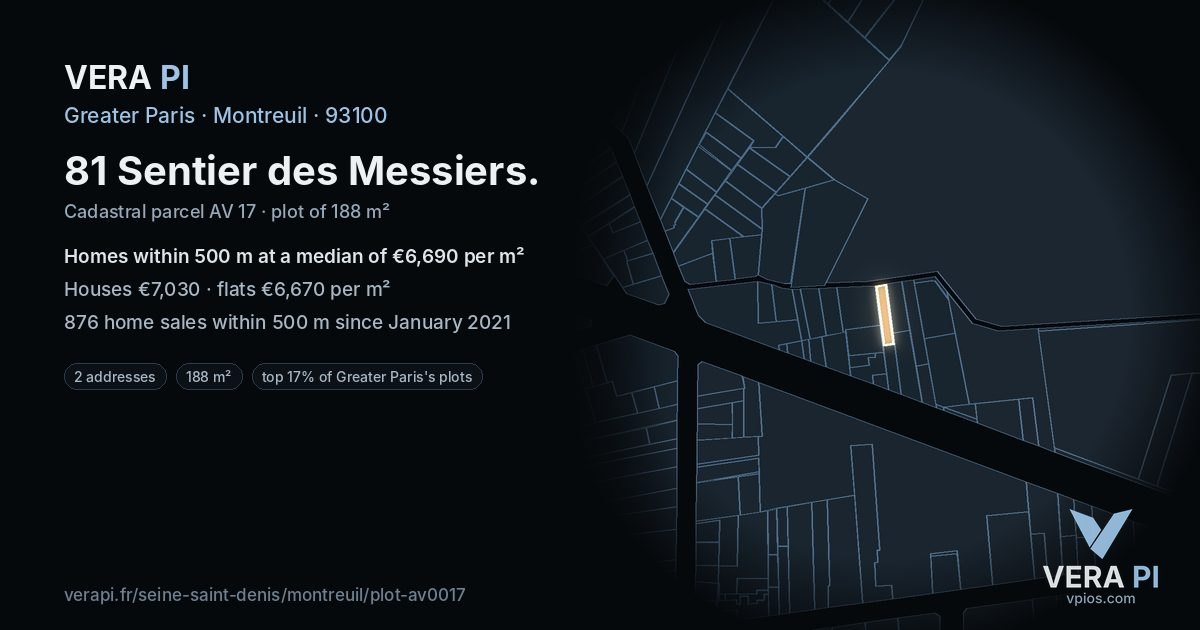 81 Sentier des Messiers, Montreuil at night – the plot lit, the parcels around coloured by the prices near them