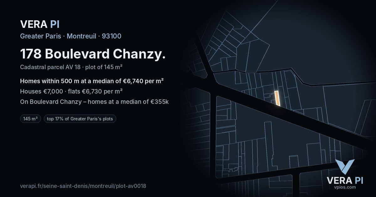 178 Boulevard Chanzy, Montreuil at night – the plot lit, the parcels around coloured by the prices near them