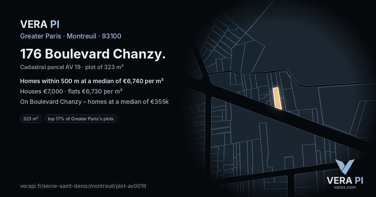 176 Boulevard Chanzy, Montreuil at night – the plot lit, the parcels around coloured by the prices near them