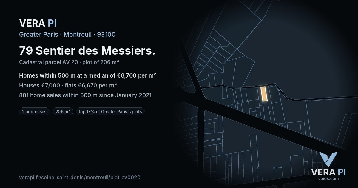 79 Sentier des Messiers, Montreuil at night – the plot lit, the parcels around coloured by the prices near them