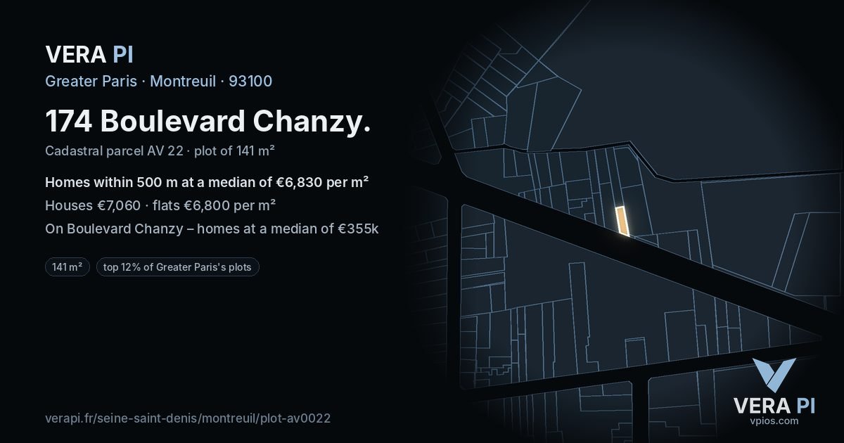 174 Boulevard Chanzy, Montreuil at night – the plot lit, the parcels around coloured by the prices near them
