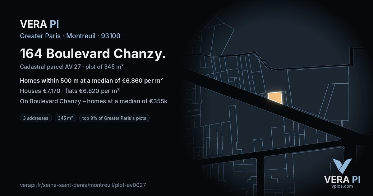 164 Boulevard Chanzy, Montreuil at night – the plot lit, the parcels around coloured by the prices near them