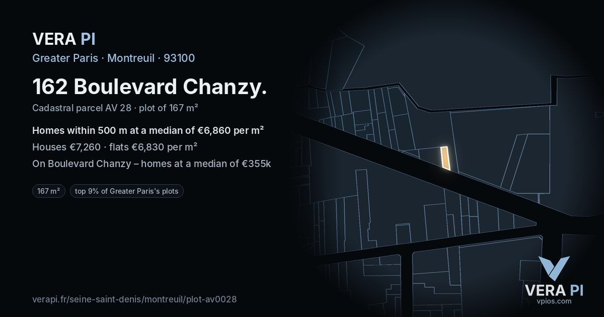 162 Boulevard Chanzy, Montreuil at night – the plot lit, the parcels around coloured by the prices near them