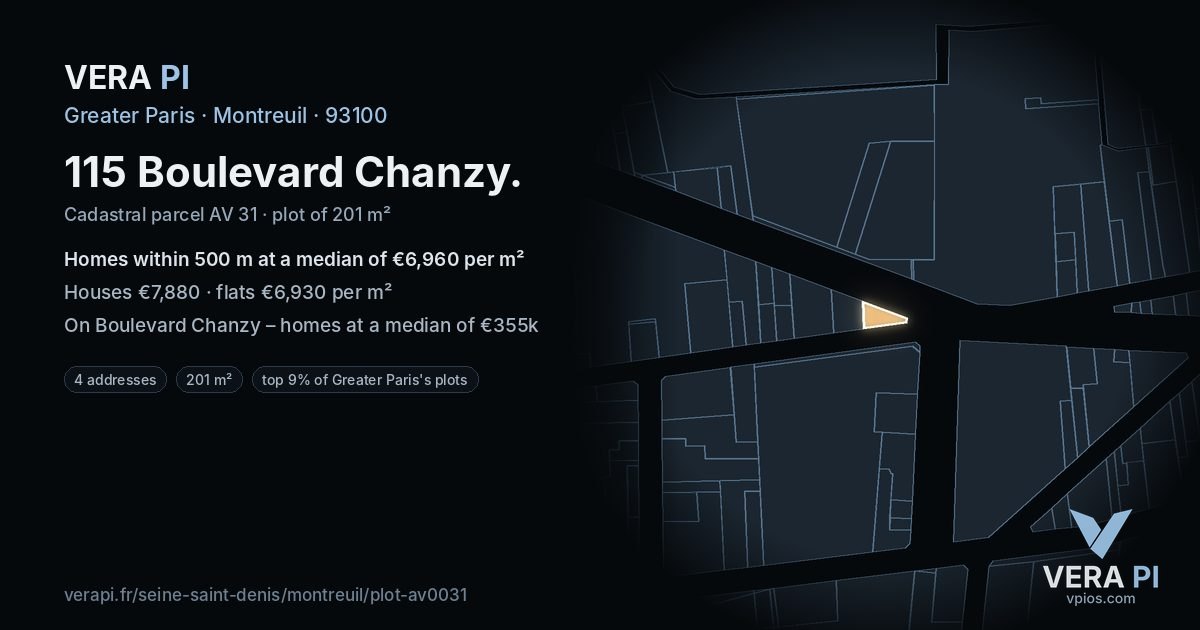 115 Boulevard Chanzy, Montreuil at night – the plot lit, the parcels around coloured by the prices near them