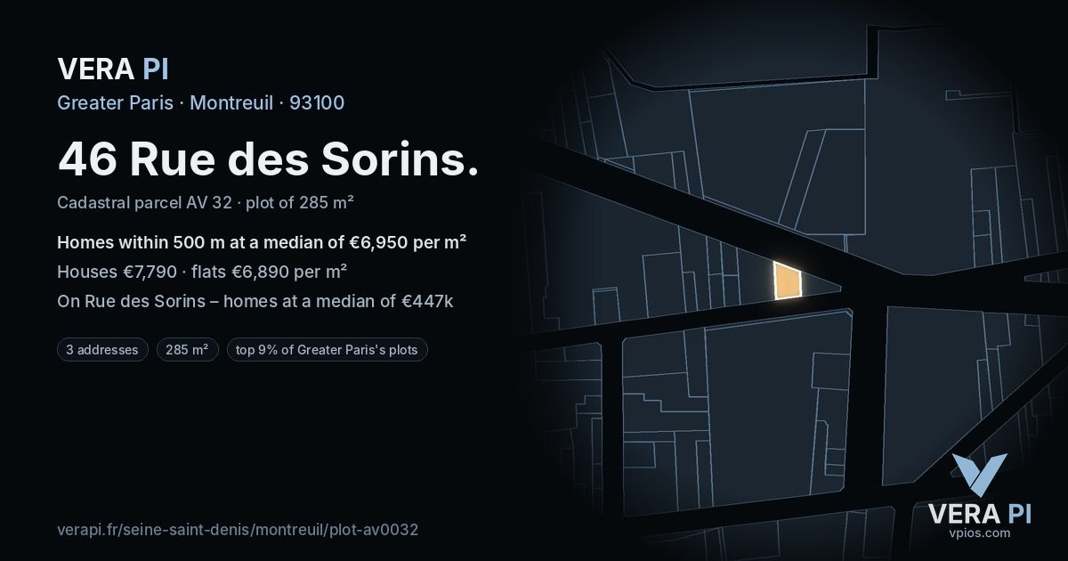 46 Rue des Sorins, Montreuil at night – the plot lit, the parcels around coloured by the prices near them