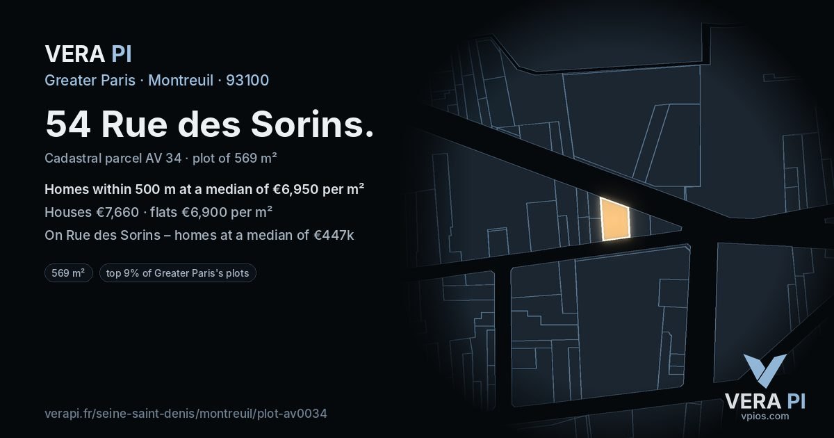 54 Rue des Sorins, Montreuil at night – the plot lit, the parcels around coloured by the prices near them