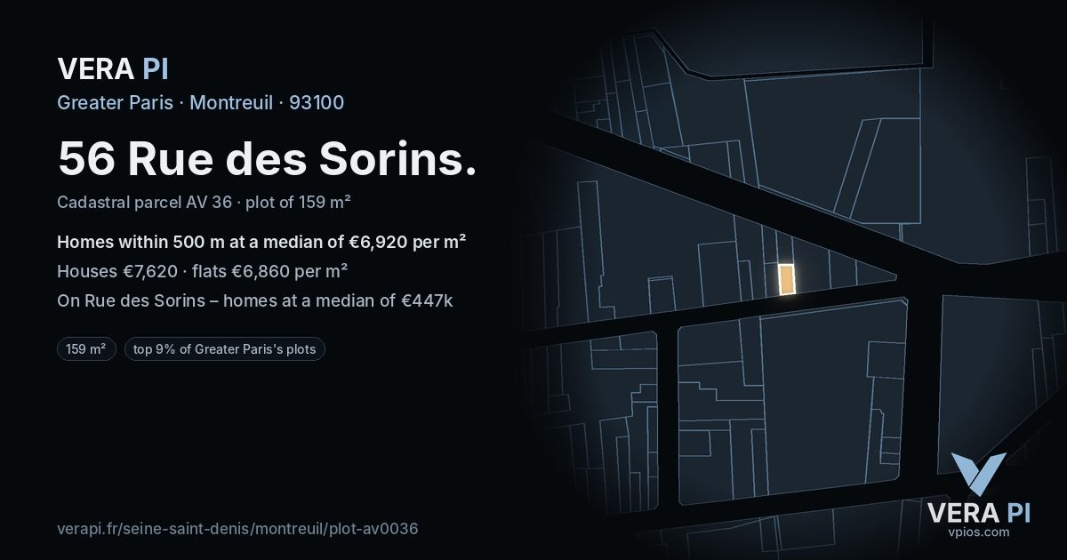 56 Rue des Sorins, Montreuil at night – the plot lit, the parcels around coloured by the prices near them
