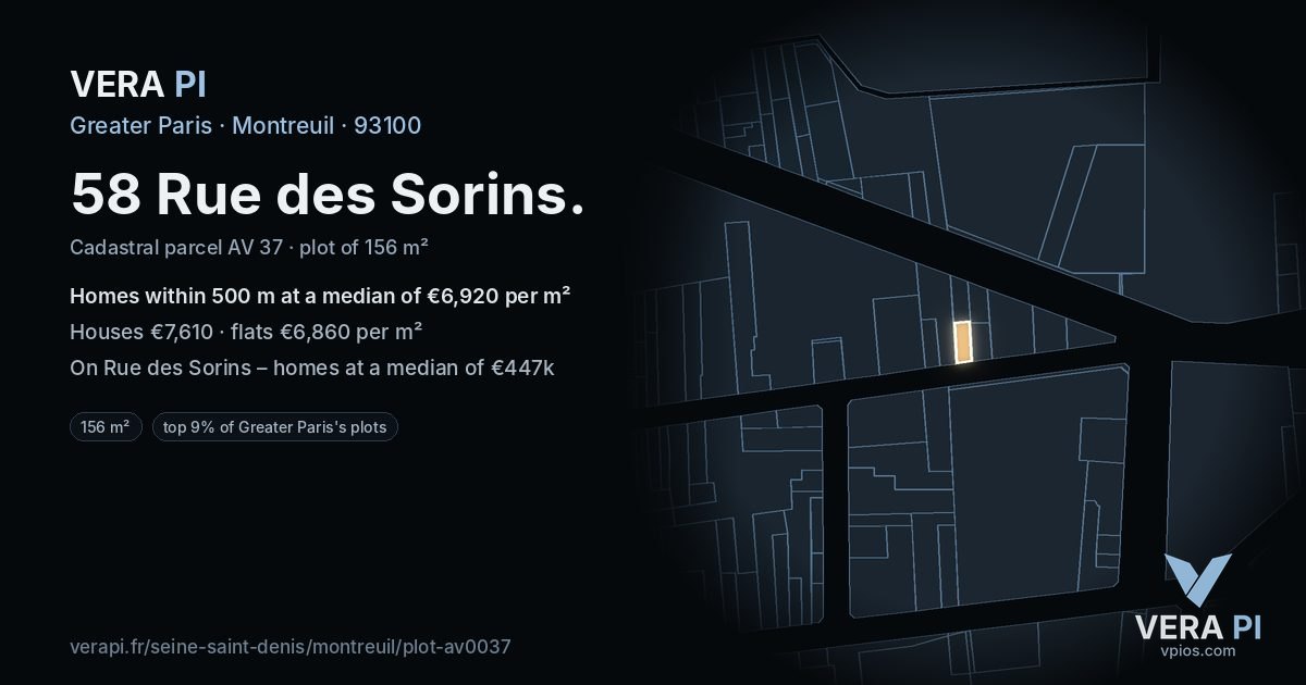 58 Rue des Sorins, Montreuil at night – the plot lit, the parcels around coloured by the prices near them