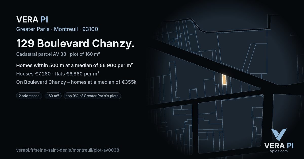 129 Boulevard Chanzy, Montreuil at night – the plot lit, the parcels around coloured by the prices near them