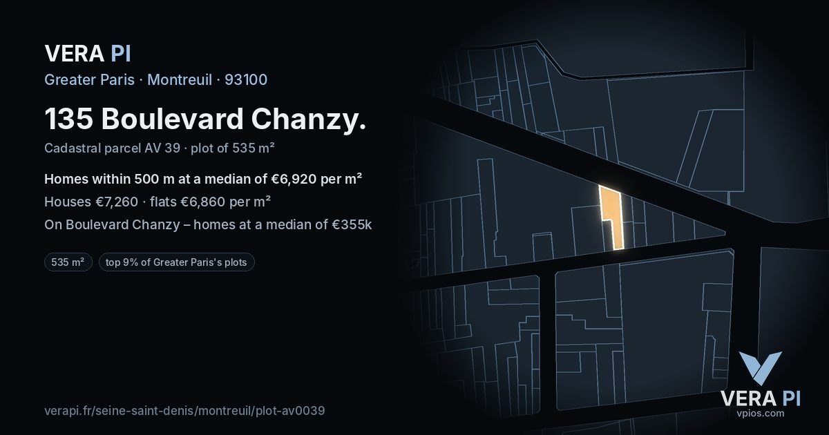 135 Boulevard Chanzy, Montreuil at night – the plot lit, the parcels around coloured by the prices near them