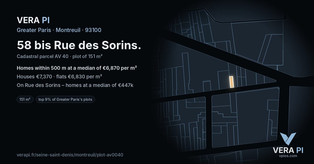 58 bis Rue des Sorins, Montreuil at night – the plot lit, the parcels around coloured by the prices near them