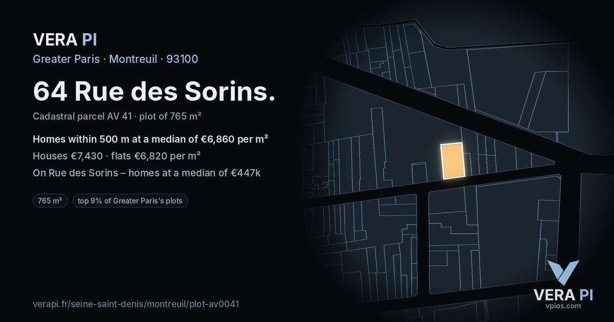64 Rue des Sorins, Montreuil at night – the plot lit, the parcels around coloured by the prices near them