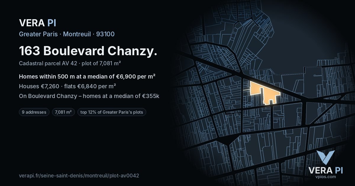 163 Boulevard Chanzy, Montreuil at night – the plot lit, the parcels around coloured by the prices near them