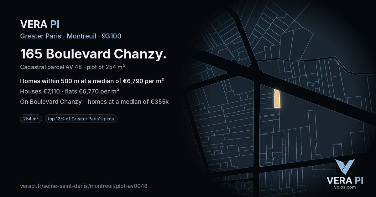 165 Boulevard Chanzy, Montreuil at night – the plot lit, the parcels around coloured by the prices near them