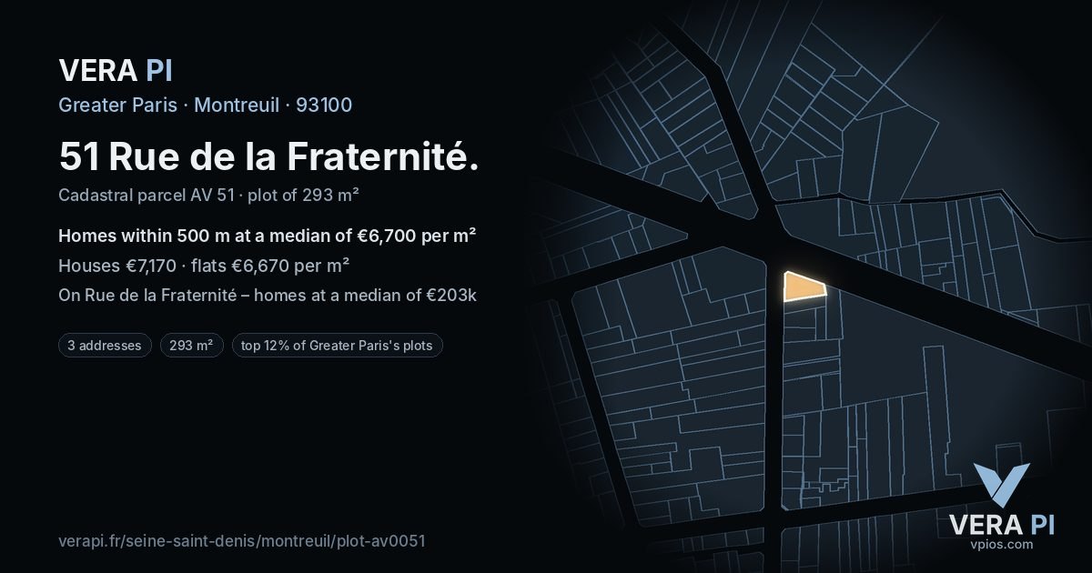 51 Rue de la Fraternité, Montreuil at night – the plot lit, the parcels around coloured by the prices near them