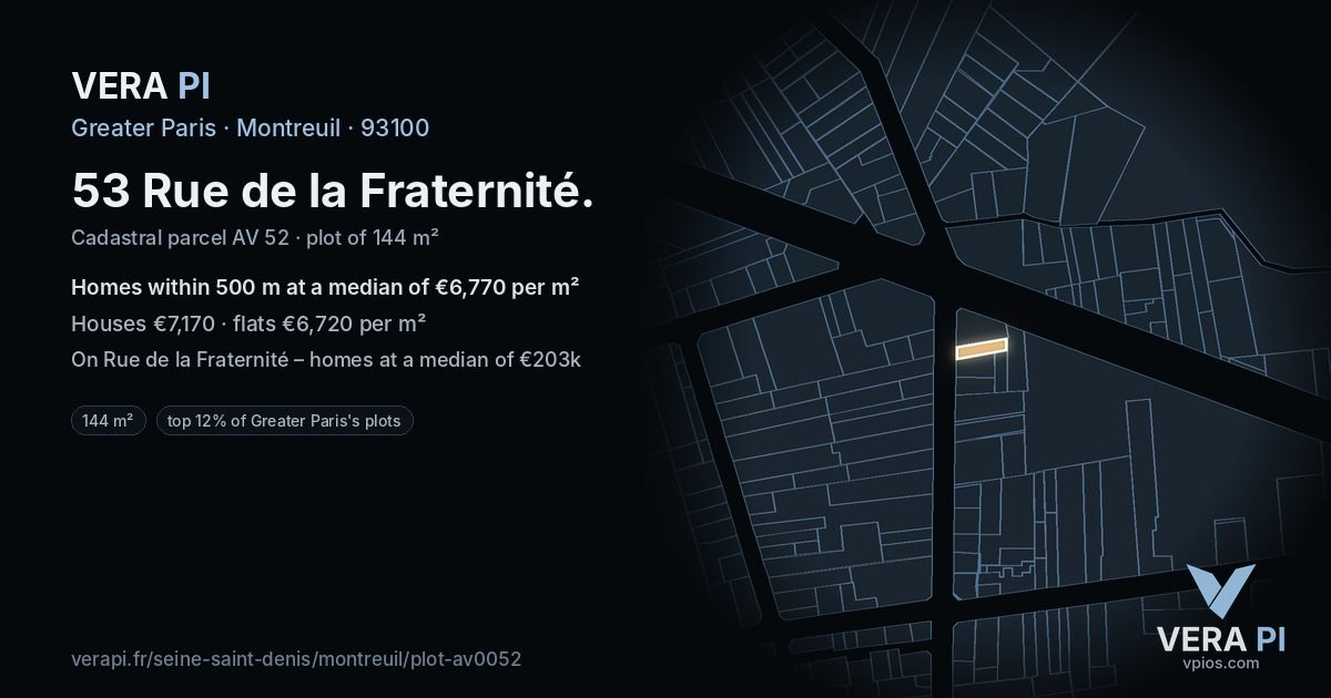 53 Rue de la Fraternité, Montreuil at night – the plot lit, the parcels around coloured by the prices near them