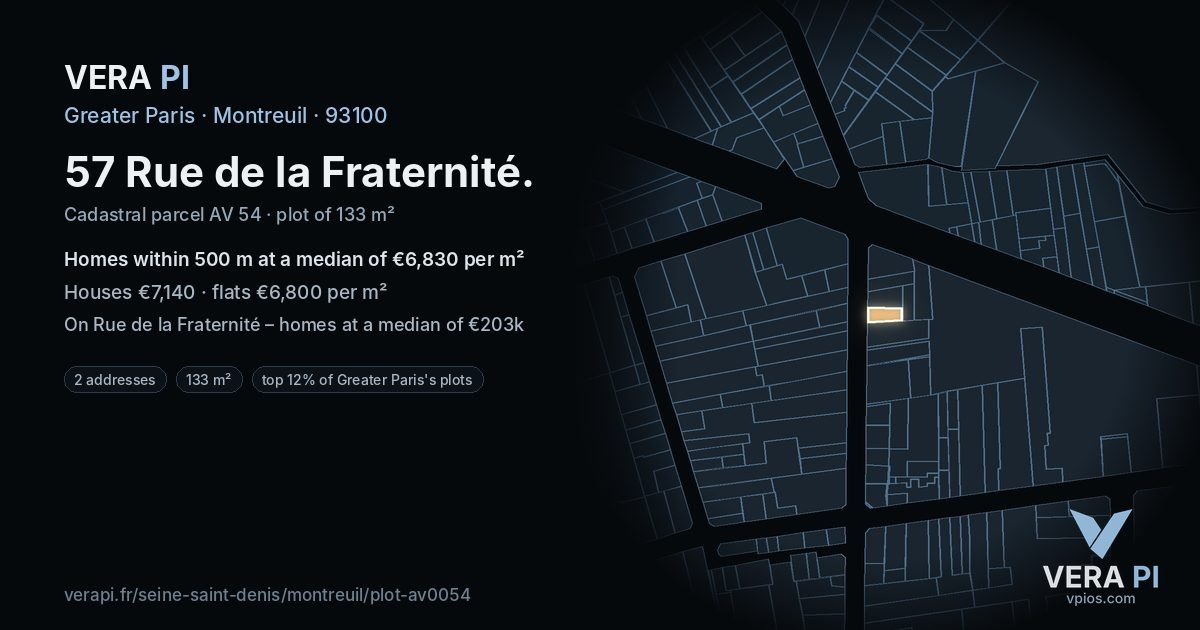 57 Rue de la Fraternité, Montreuil at night – the plot lit, the parcels around coloured by the prices near them