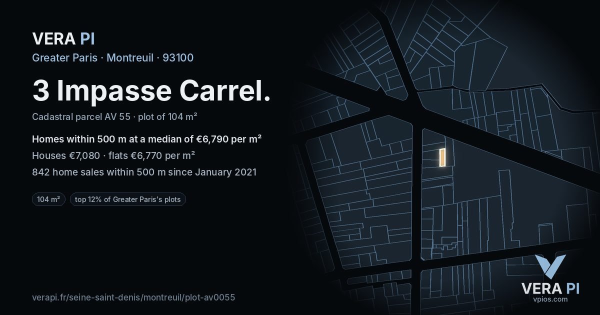 3 Impasse Carrel, Montreuil at night – the plot lit, the parcels around coloured by the prices near them
